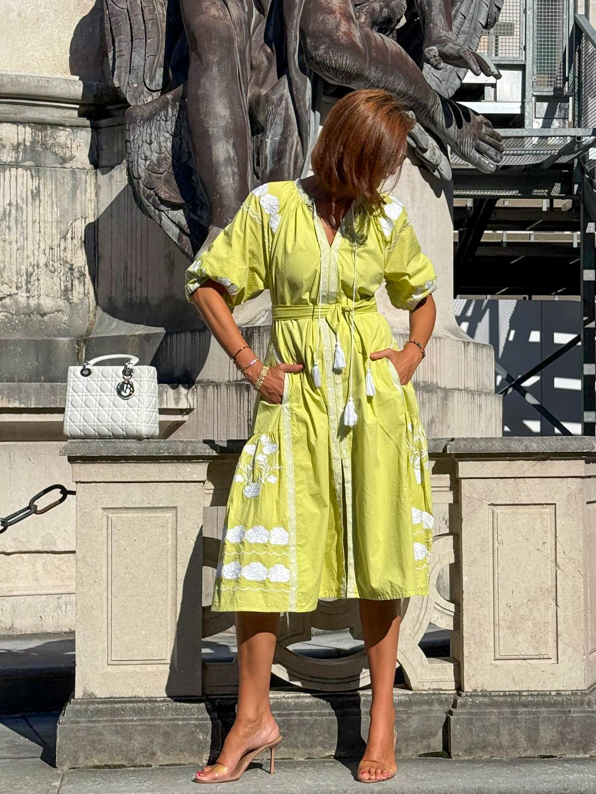 Kleid SOPHIA mit Gürtel - chatreuse / weiss