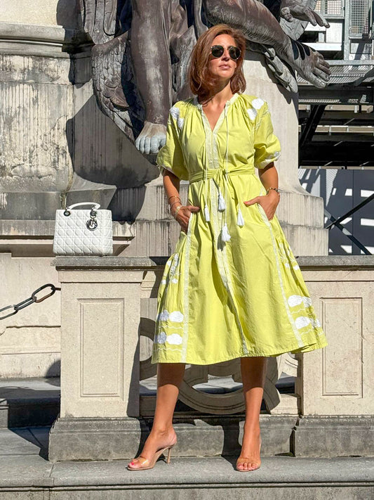 Kleid SOPHIA mit Gürtel - chatreuse / weiss