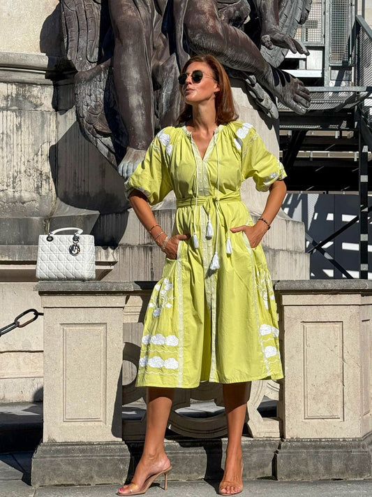 Kleid SOPHIA mit Gürtel - chatreuse / weiss