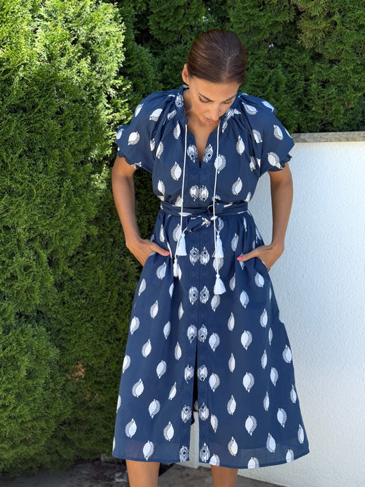 Kleid Calista mit Gürtel - blau/weiss