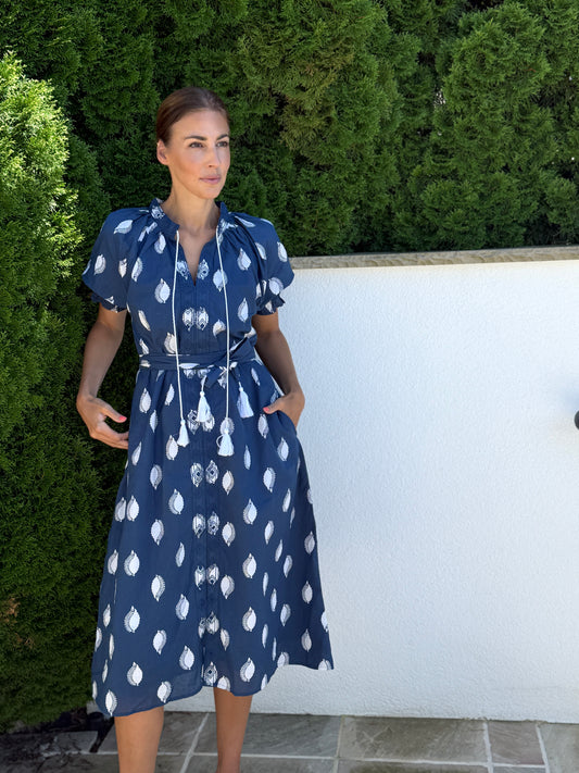 Kleid Calista mit Gürtel - blau/weiss